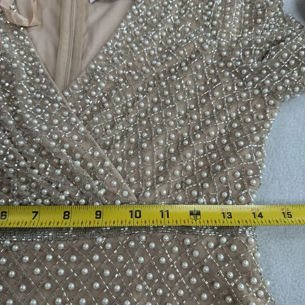 Mac Duggal 10062 Beige Size 4 Wrap Over Pearl Gown Beaded Bishop Sleeves NWT - Picture 9 of 16